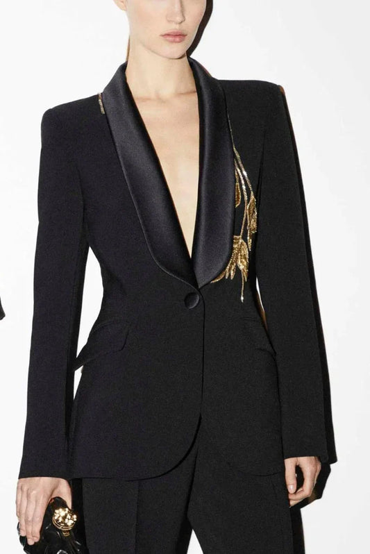 Embroidery Black Tuxedo Suit for Women, Elegant Black Suit for Cocktail, Business Event and Wedding
