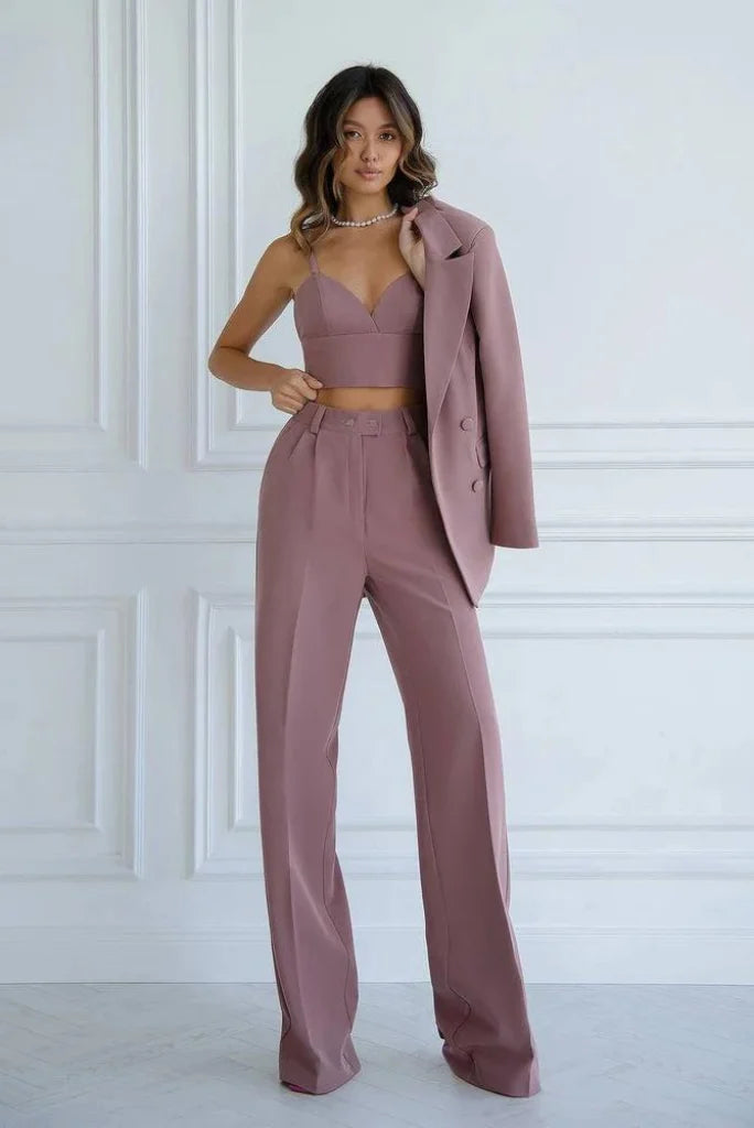Women Brownish Pink Double Breasted 3 Piece Suit, Designer Crop Top and Blazer Suit Set for Wedding and Events