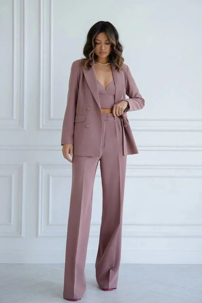 Women Brownish Pink Double Breasted 3 Piece Suit, Designer Crop Top and Blazer Suit Set for Wedding and Events