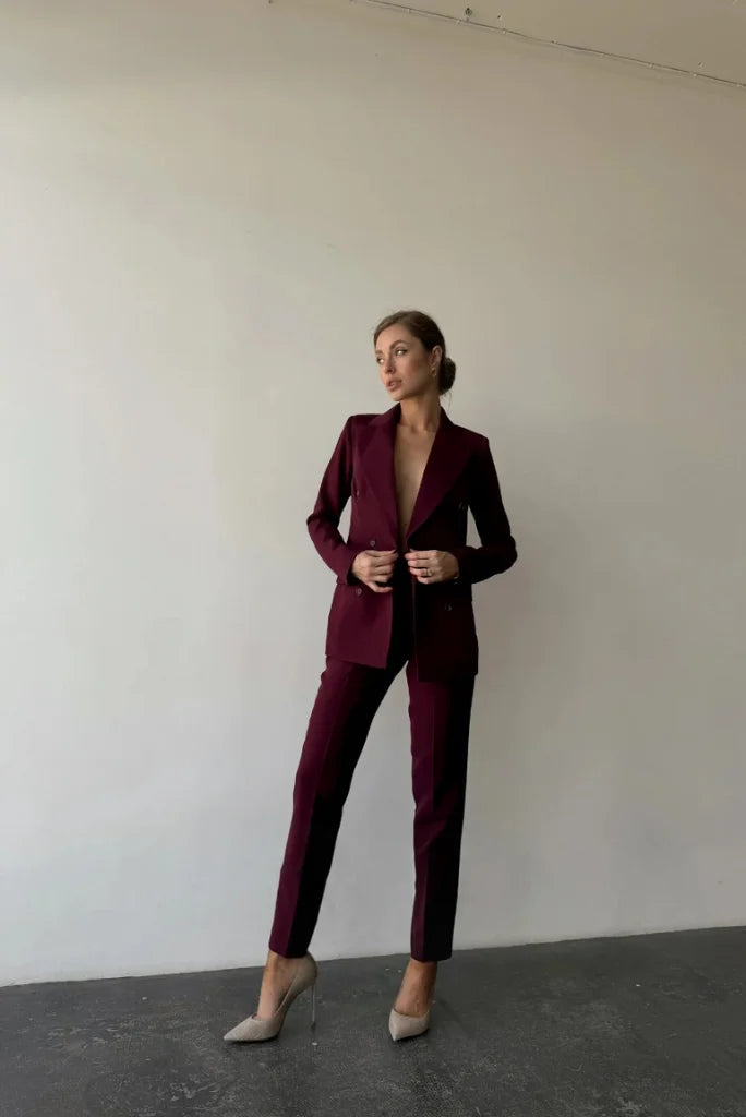 Women Burgundy Double Breasted 2 Piece Suit, Formal Suit For Office, event and special occasion