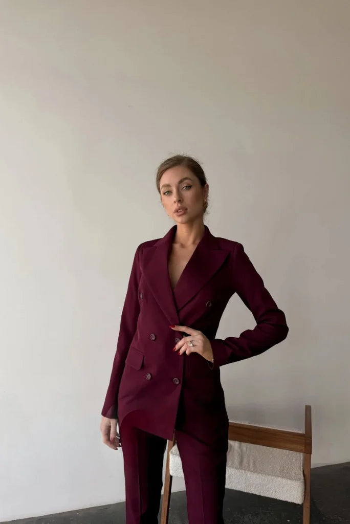Women Burgundy Double Breasted 2 Piece Suit, Formal Suit For Office, event and special occasion