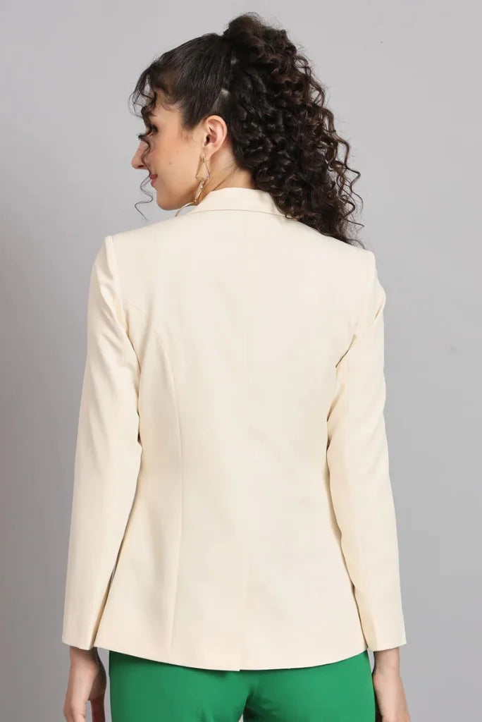 Women Cream Single Breasted Notched Lapel Blazer, Casual Long Sleeve Blazer for Her