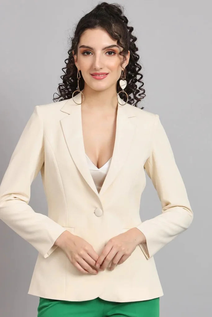 Women Cream Single Breasted Notched Lapel Blazer, Casual Long Sleeve Blazer for Her