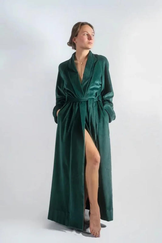 Women Green Velvet Robe for Bath and Party, Velvet Kimono Robe for Her