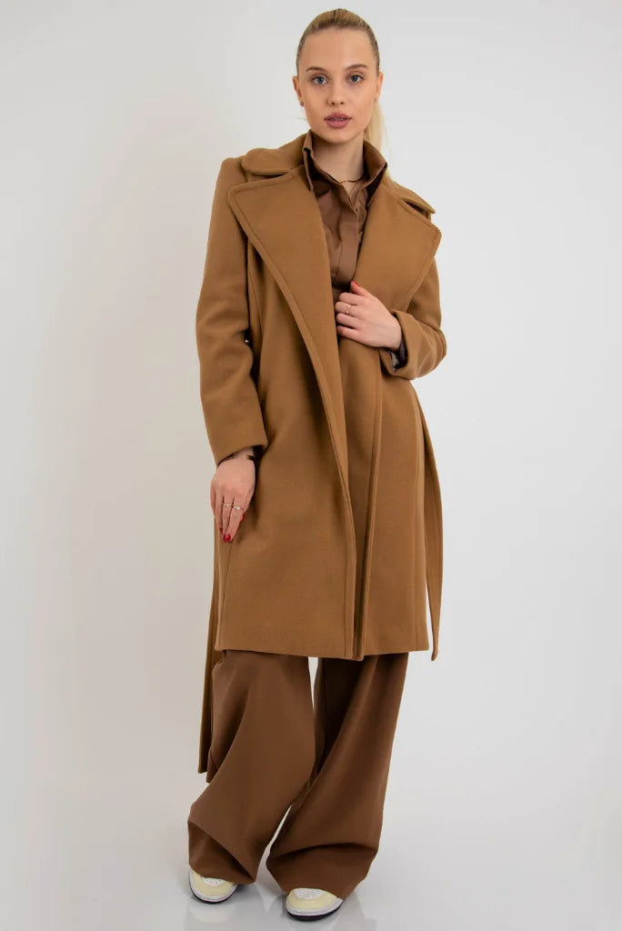 Women's Camel Brown Belted Long Coat, Fashionable Coat for Winter