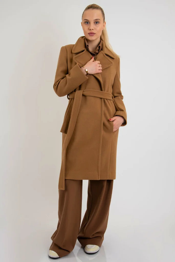Women's Camel Brown Belted Long Coat, Fashionable Coat for Winter