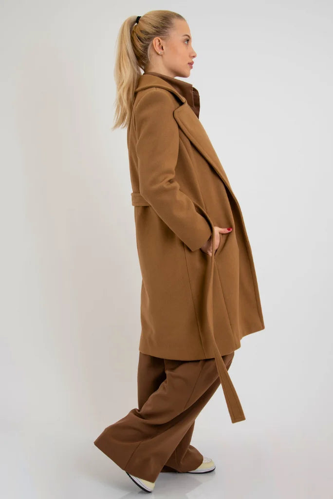 Women's Camel Brown Belted Long Coat, Fashionable Coat for Winter