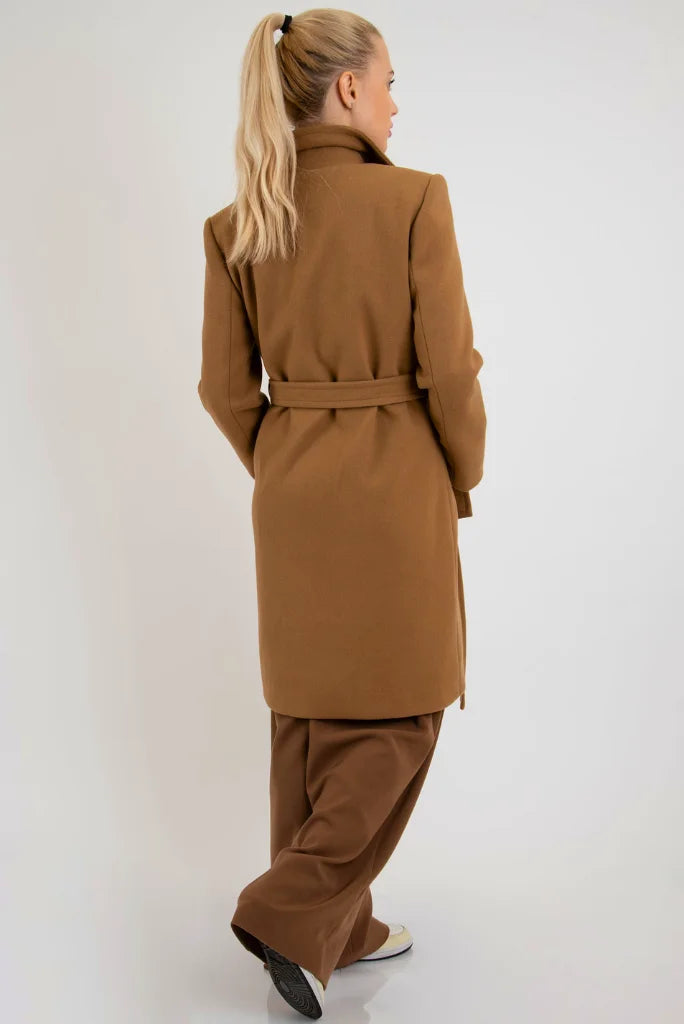 Women's Camel Brown Belted Long Coat, Fashionable Coat for Winter