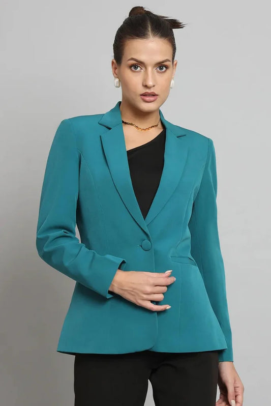 Women Teal Blue Single Breasted Notched Lapel Blazer, Casual Long Sleeve Blazer for Her
