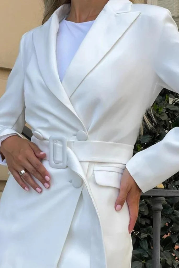 Women's White Belted Blazer Wedding Suit, Event wear Double Breasted 2 Piece Suit for Her