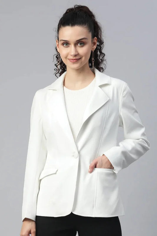 Women White Single Breasted Notched Lapel Blazer, Casual Long Sleeve Blazer for Her