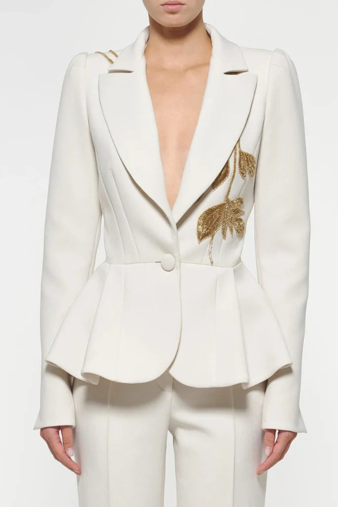 Designer White Embroidery Blazer Suit For Women, Peplum Styled blazer and Fit Flare Pant for Christmas and Bridesmaid