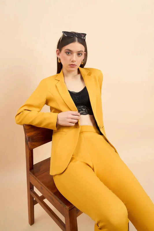 Women Yellow Notched Lapel Blazer Pant Suit, Casual Long Sleeve Solid 2 Piece Suit