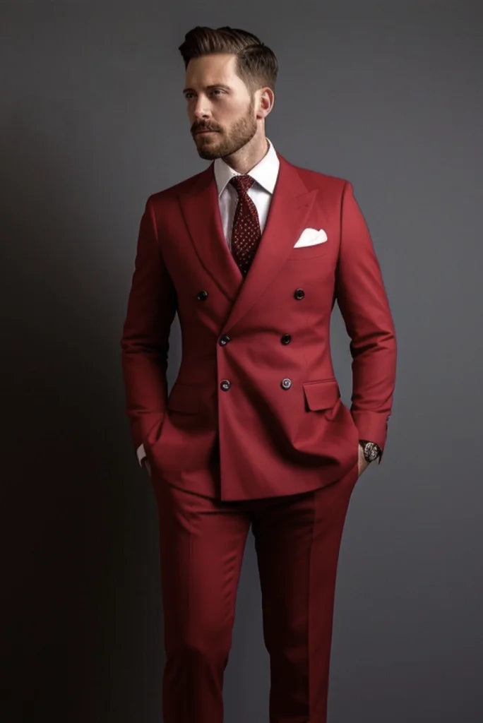 Men Double Breasted Suit Red Formal Groom Wear Suit Stylish Bespoke Mens Wear Tailoring Suit Gift For Him